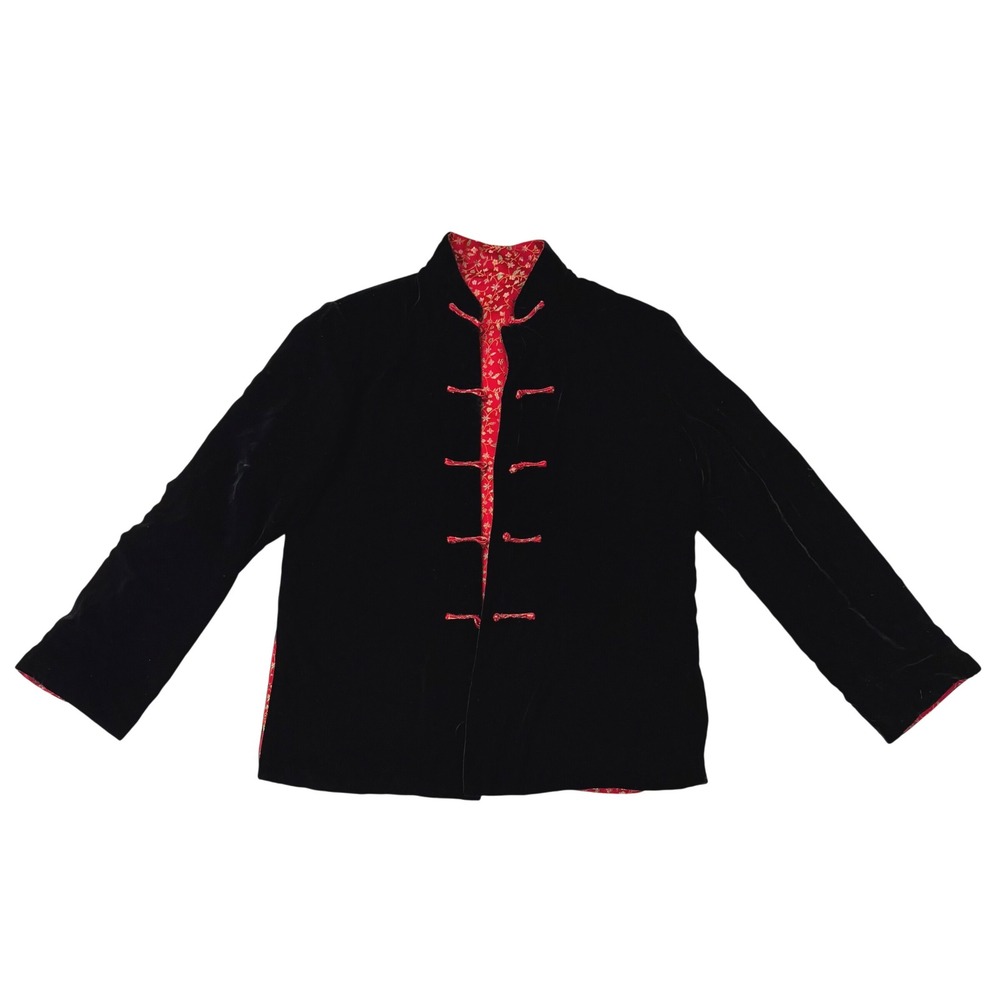 Vintage 80s Reversible Mandarin Jacket Red Brocade Black Velvet Frog Closure L